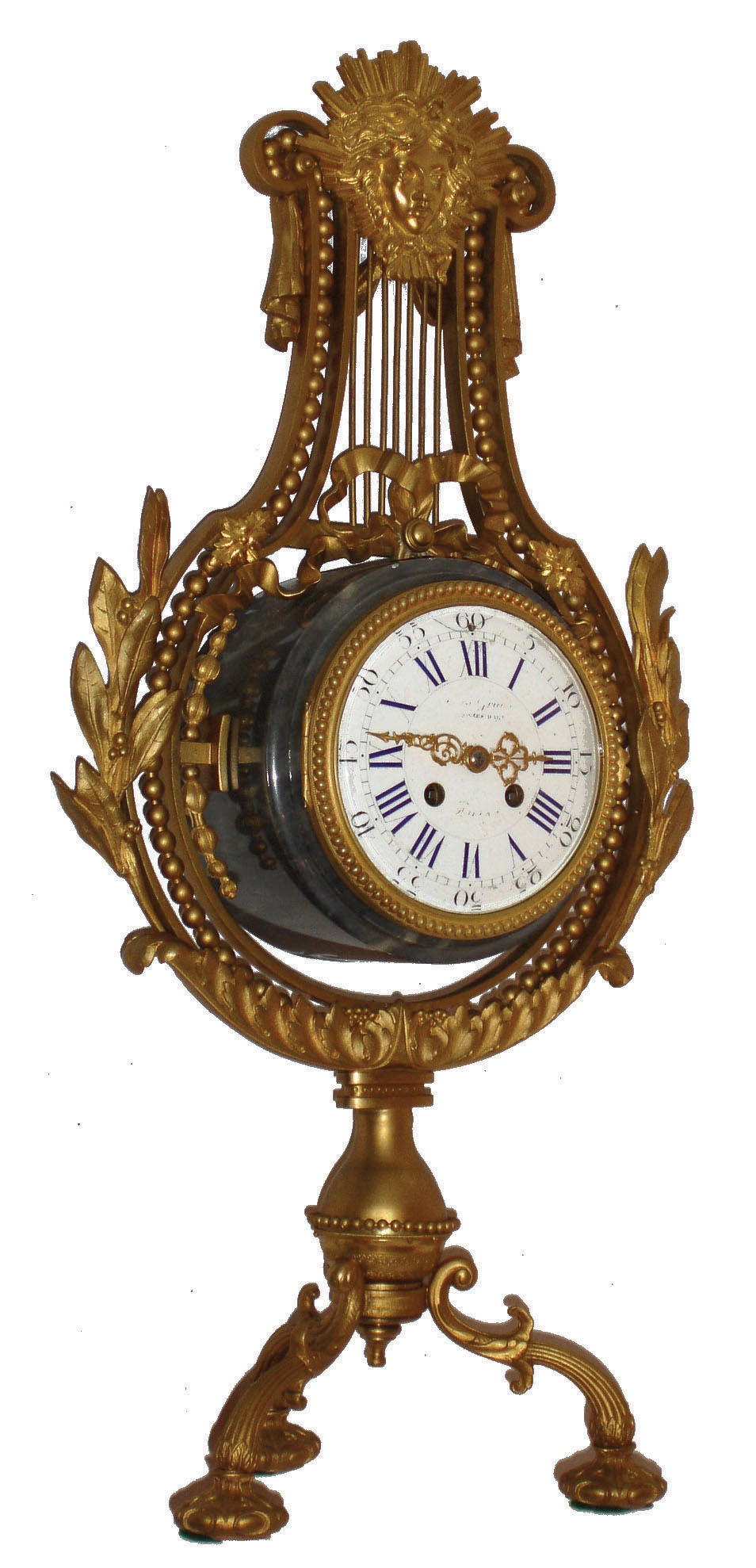 French Lyre form mantel clock, Japy Freres 8 days, time and strike, pendule a Paris movement counting the hours on a bell and with a single blow at the half hour, gray marble case with gilt bronze ornament, signed white enamel dial with blue Roman numerals and Arabic outer five minute markers, gilt Louis XV style hands, all mounted to a later, gilt tripod base, c1880 — Antique Clocks Price Guide