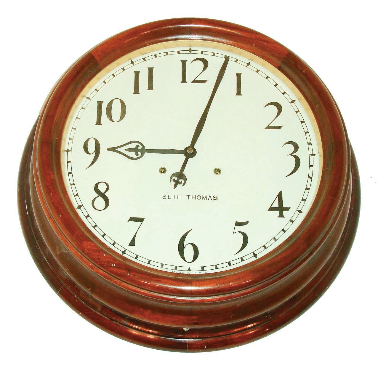 Seth Thomas Clock Co., Thomaston, Conn., "Gallery 18 Inch", wall clock, 15 days, time only, spring driven movement in a mahogany case with 18" painted metal dial, c1885 — Antique Clocks Price Guide