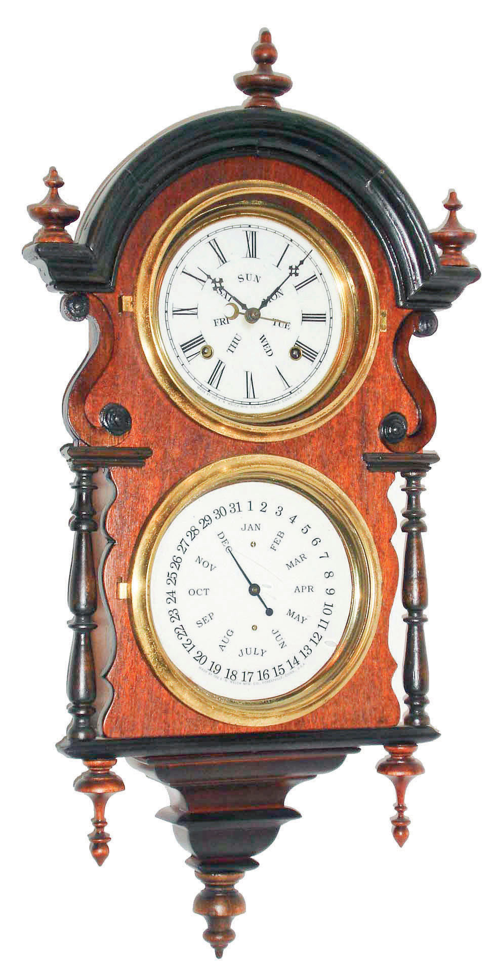 Welch, Spring & Co., Bristol, Conn., "Wagner B.W. Hanging" walnut 8 days, time and strike, calendar clock, c1878 — Antique Clocks Price Guide