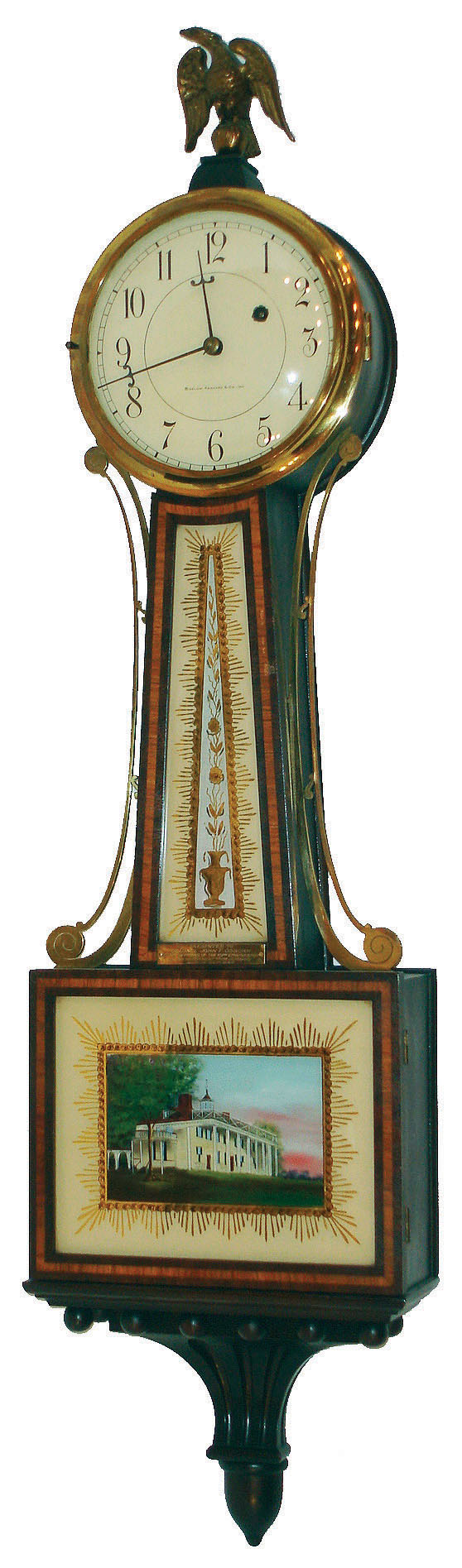 E. Howard & Co., Boston, Mass., 8 day, weight patent or banjo timepiece, for Bigelow, Kennard & Co, c1925  This clock was given as a gift with brass plaque that reads: "Presented to Colonel John F. Osborn by the officers of the 101st Engineers on his retirement from command March 24th, 1927" — Antique Clocks Price Guide