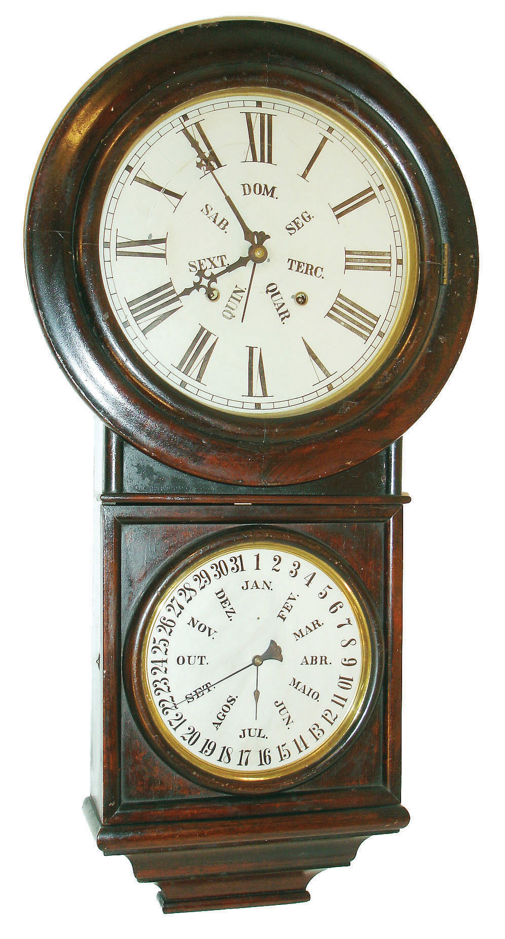 Welch, Spring & Co., Forestville, Conn., "Round Head Regulator No. 4" 8 day, time and strike B.B. Lewis double dial calendar wall clock, c1878 This clock was made for the Spanish market. — Antique Clocks Price Guide