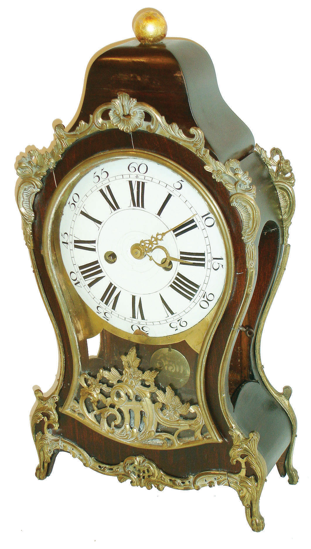 Switzerland, Neuchatel bracket clock, stained wooden case with cast brass ornament in the rococo style, top with gilt finial, glazed brass door with C scrolls and foliate ornament, Roman numeral, white enamel dial with Arabic outer 5 minute markers, brass 8 day time and strike movement, verge escapement and silk thread pendulum, striking on a bell, c1770 — Antique Clocks Price Guide