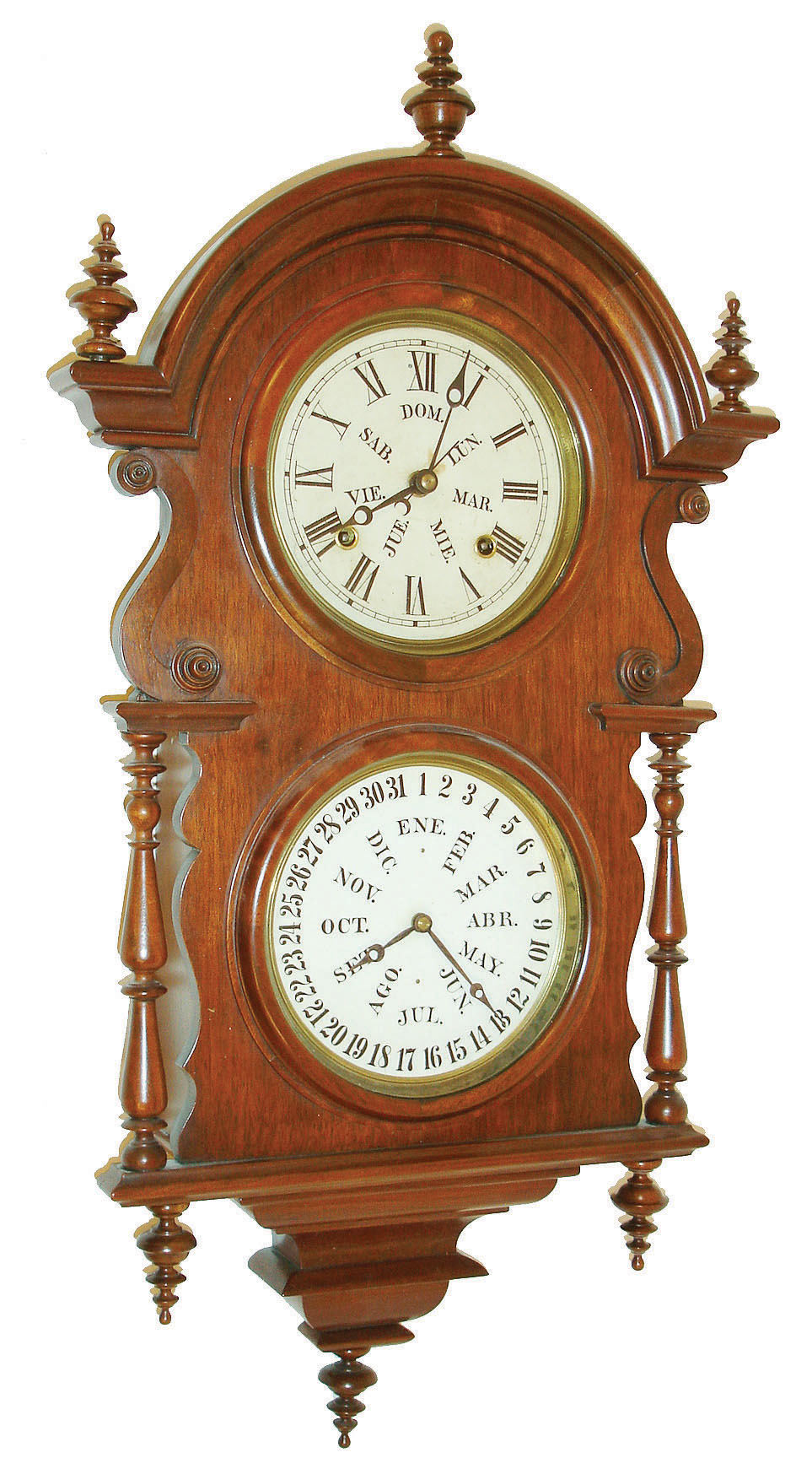 Welch, Spring & Co., Forestville, Conn., "Wagner B.W. Hanging", 8 day, time and strike B.B. Lewis double dial calendar wall clock, c1878  This model was made for the Spanish market. — Antique Clocks Price Guide