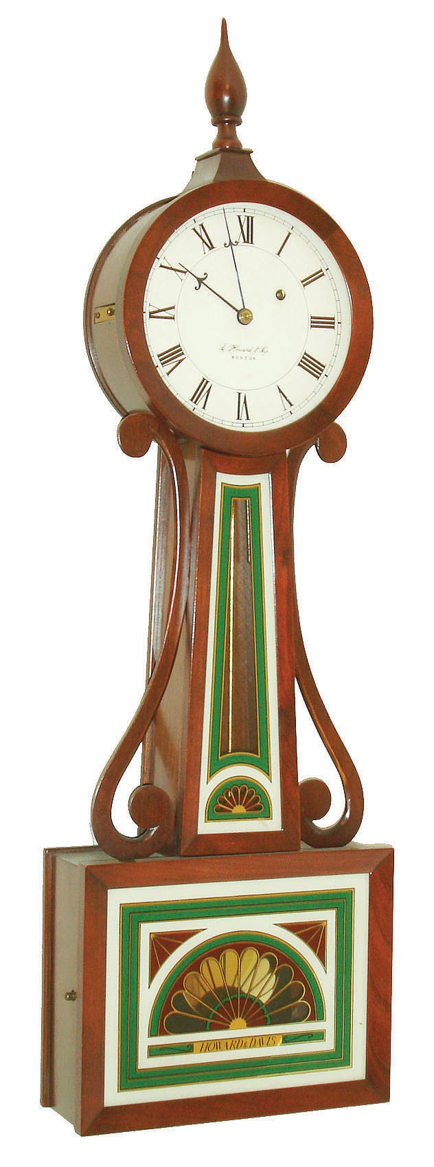 E. Howard & Co., Boston, Mass., 8 day, weight brass movement wood sidearm banjo clock or timepiece, c1975  Movement and dial are stamped 1850 and No. 24.  This case style represents one of the types produced in the1850 period. — Antique Clocks Price Guide