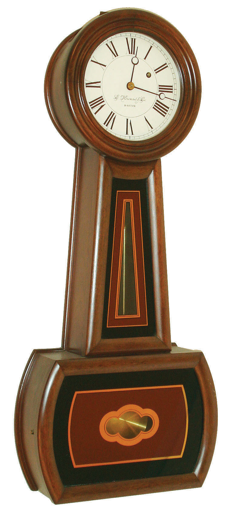 E. Howard & Co., Boston, Mass., "No. 5 Banjo Reissue", 8 day, weight brass movement banjo clock or timepiece.  Serial No 11 stamped on the case, the movement and written on the back of the dial, c1977 — Antique Clocks Price Guide