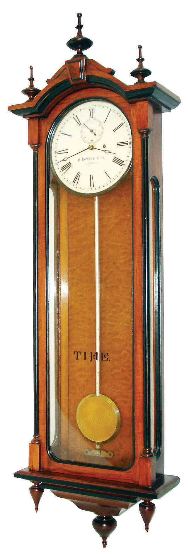 E. Howard & Co., Boston, Mass., "No. 71 Regulator" wall clock, 8 days, time only, weight driven movement in a black walnut case with painted metal dial, c1875 — Antique Clocks Price Guide