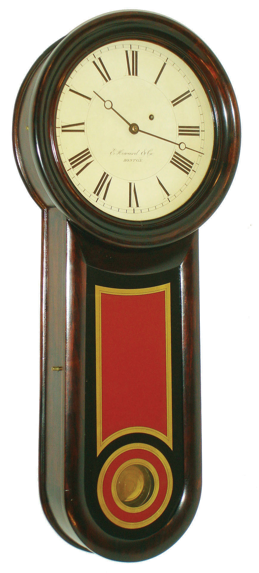 E. Howard & Co., Boston, Mass., "No. 11 Regulator" keyhole wall clock, 8 days, time only, weight driven movement in a rosewood grained case with painted metal dial and reverse painted tablet, c1880 — Antique Clocks Price Guide