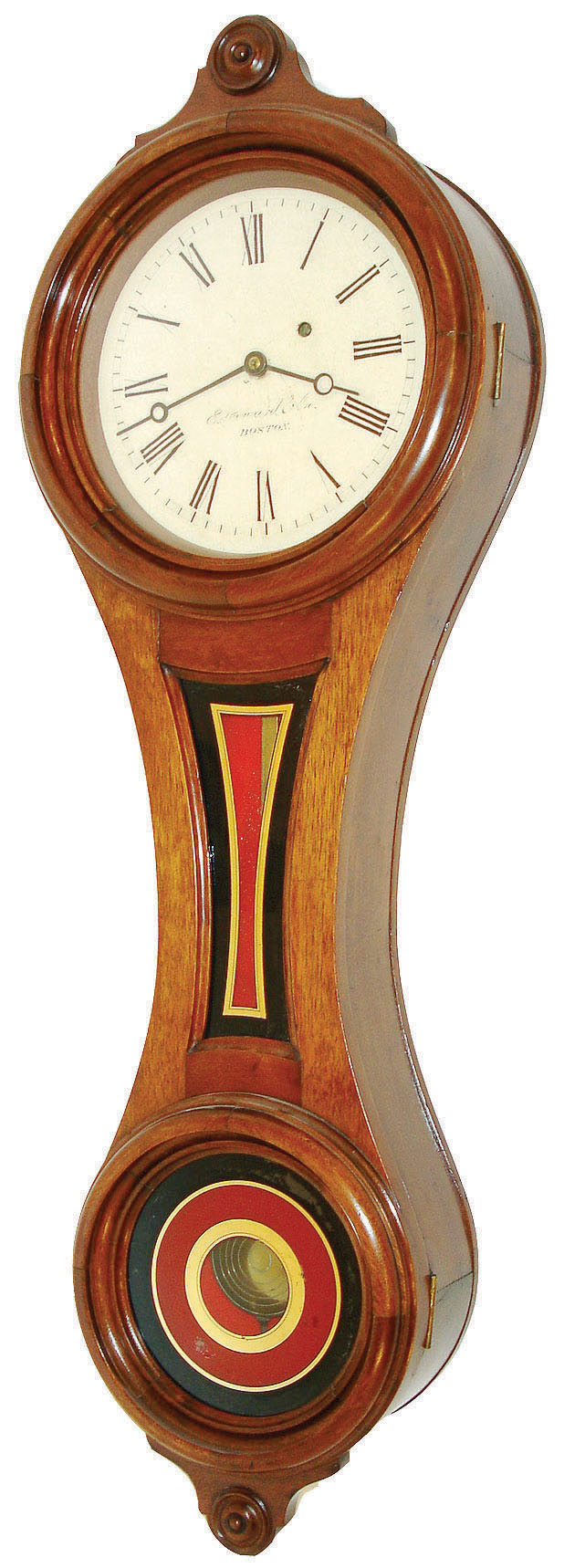E. Howard & Co., Boston, Mass., "No. 9 Regulator" figure eight wall clock, 8 days, time only, weight driven movement in a walnut case with painted iron dial and reverse painted tablets, c1880 — Antique Clocks Price Guide