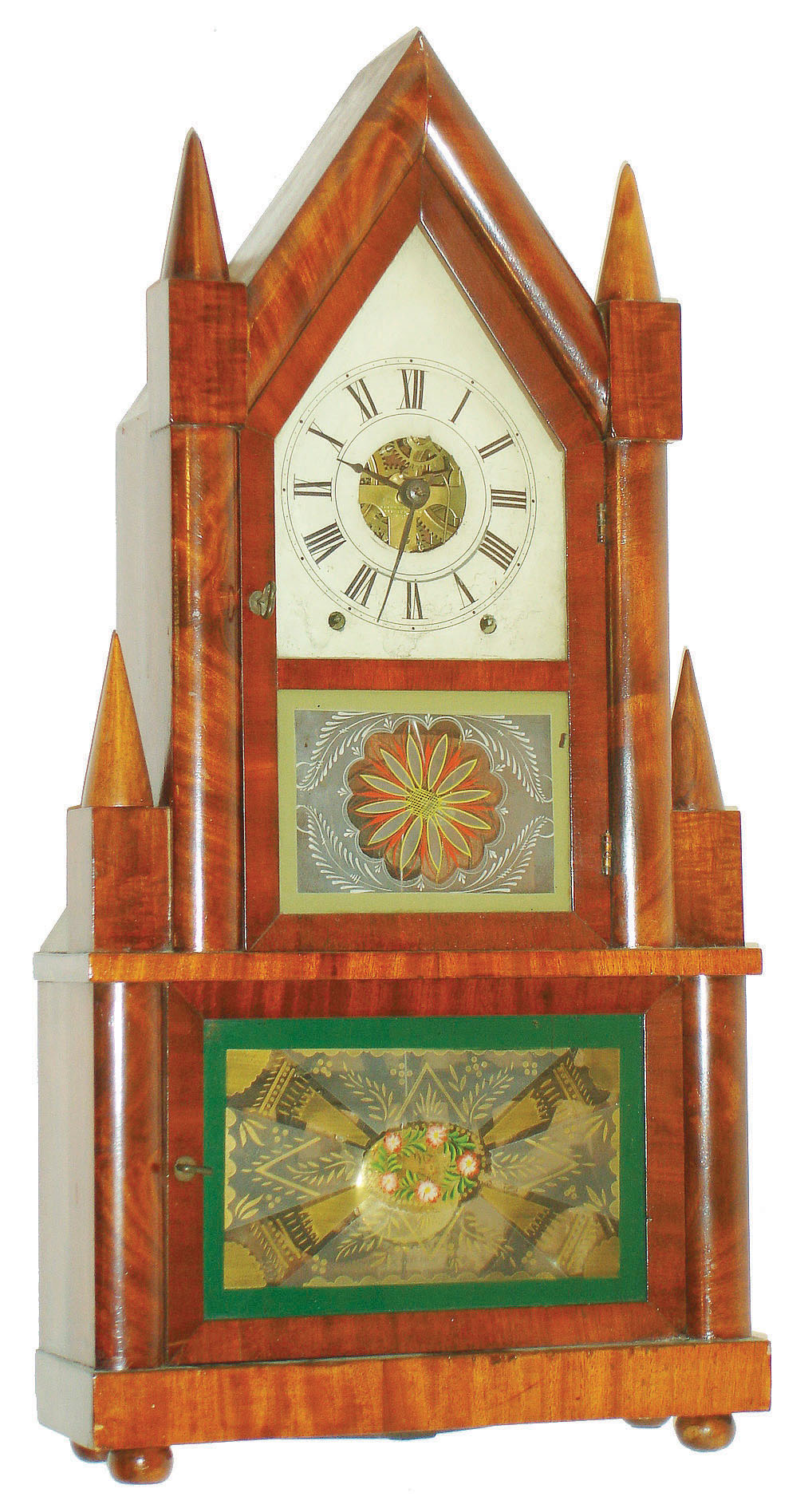 Birge & Fuller, Bristol, Conn., 8 day, time and strike wagon spring steeple on frame or double steeple shelf clock, c1845 — Antique Clocks Price Guide