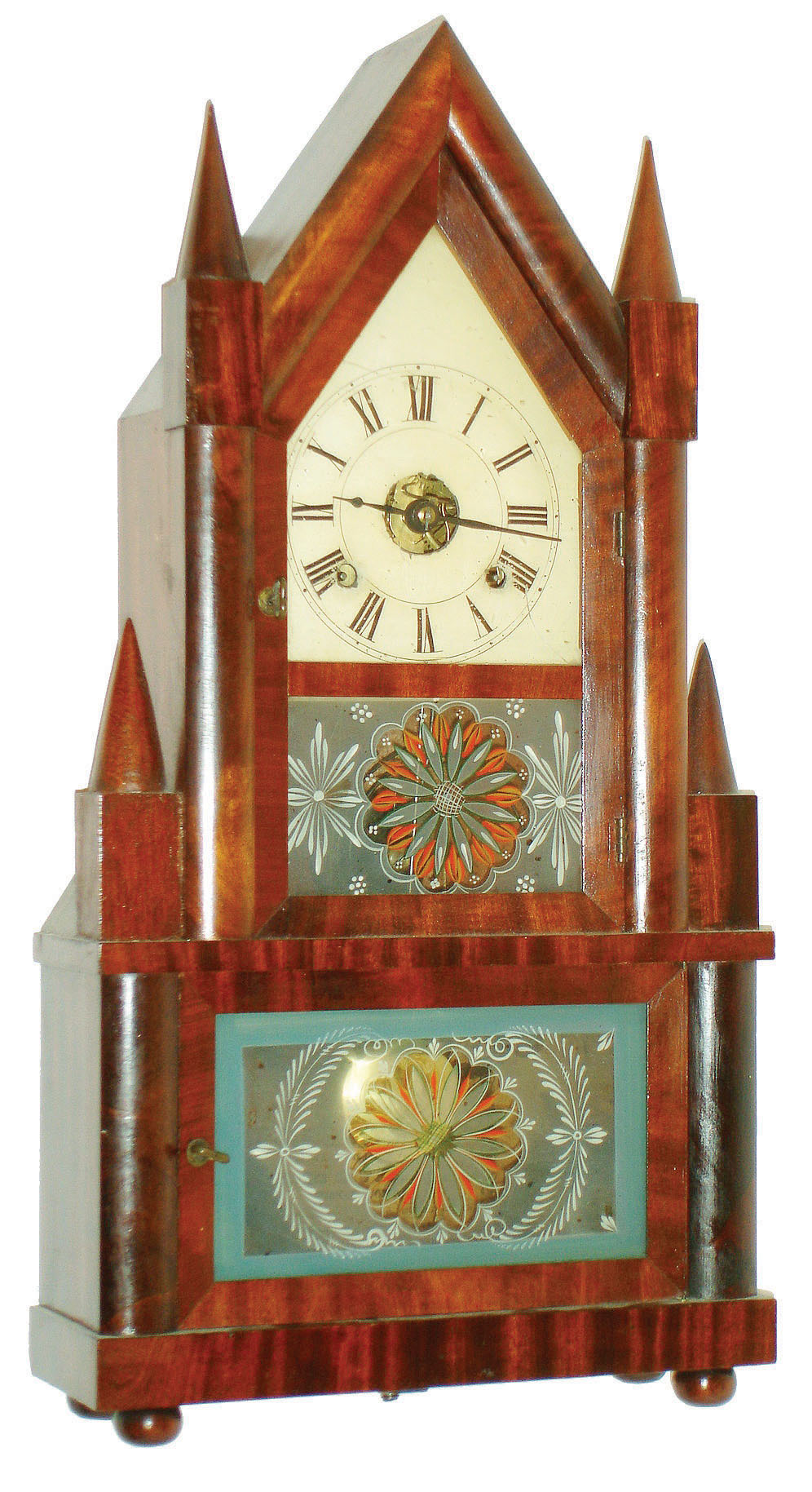 Birge & Fuller., 30 hour, time and strike wagon spring steeple on frame or double steeple shelf clock, c1855. — Antique Clocks Price Guide