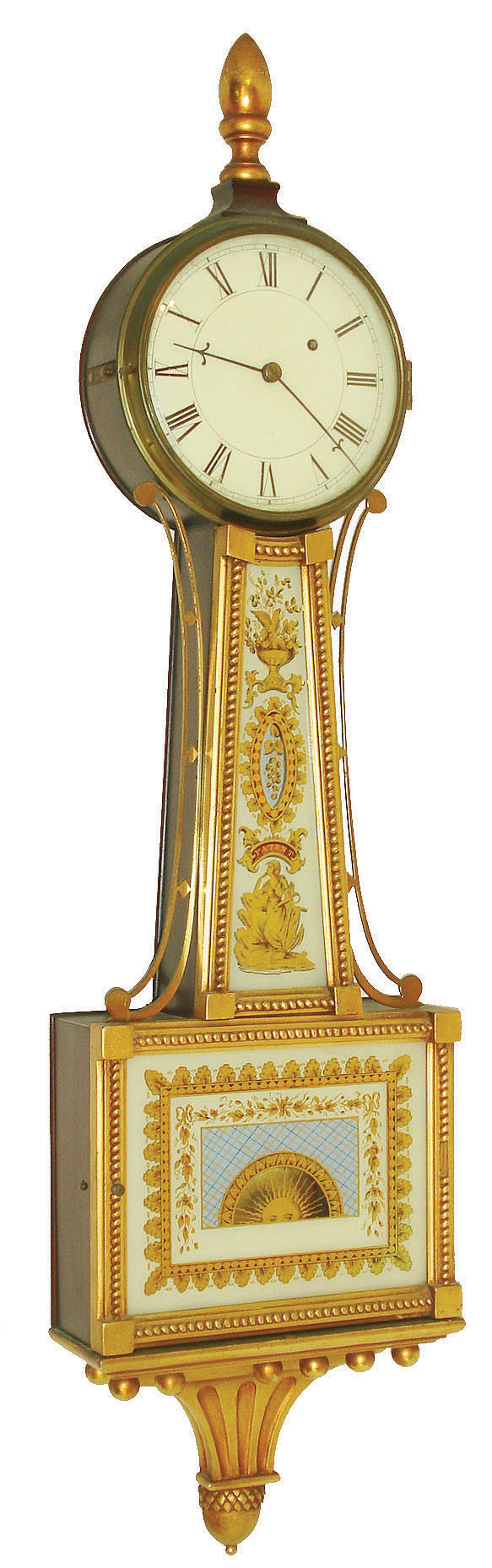 Waltham Clock Co., Waltham, Mass., 8 day, weight brass movement gilt patent or banjo clock or timepiece, c1920  Serial no on the movement is 7355. — Antique Clocks Price Guide
