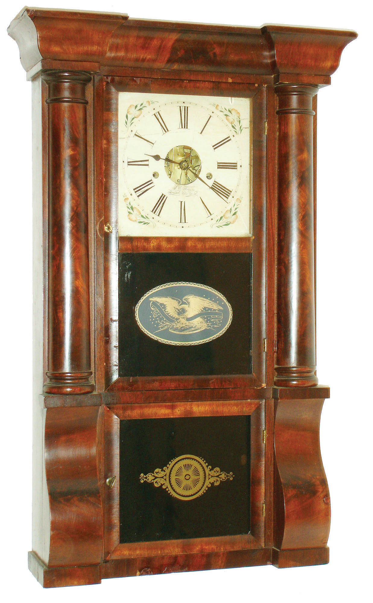 Forestville Mfg. Co., (J.C. Brown), Forestville, Conn., 8 day, time and strike column & cornice shelf clock, c1850 — Antique Clocks Price Guide