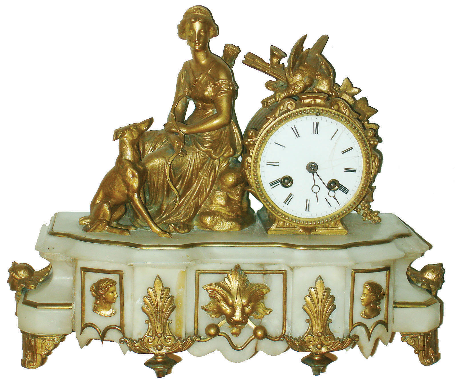 French figural alabaster 8 day time and strike mantel clock, selling with three cast metal candelabras with hanging cut glass pendants, c1880 — Antique Clocks Price Guide