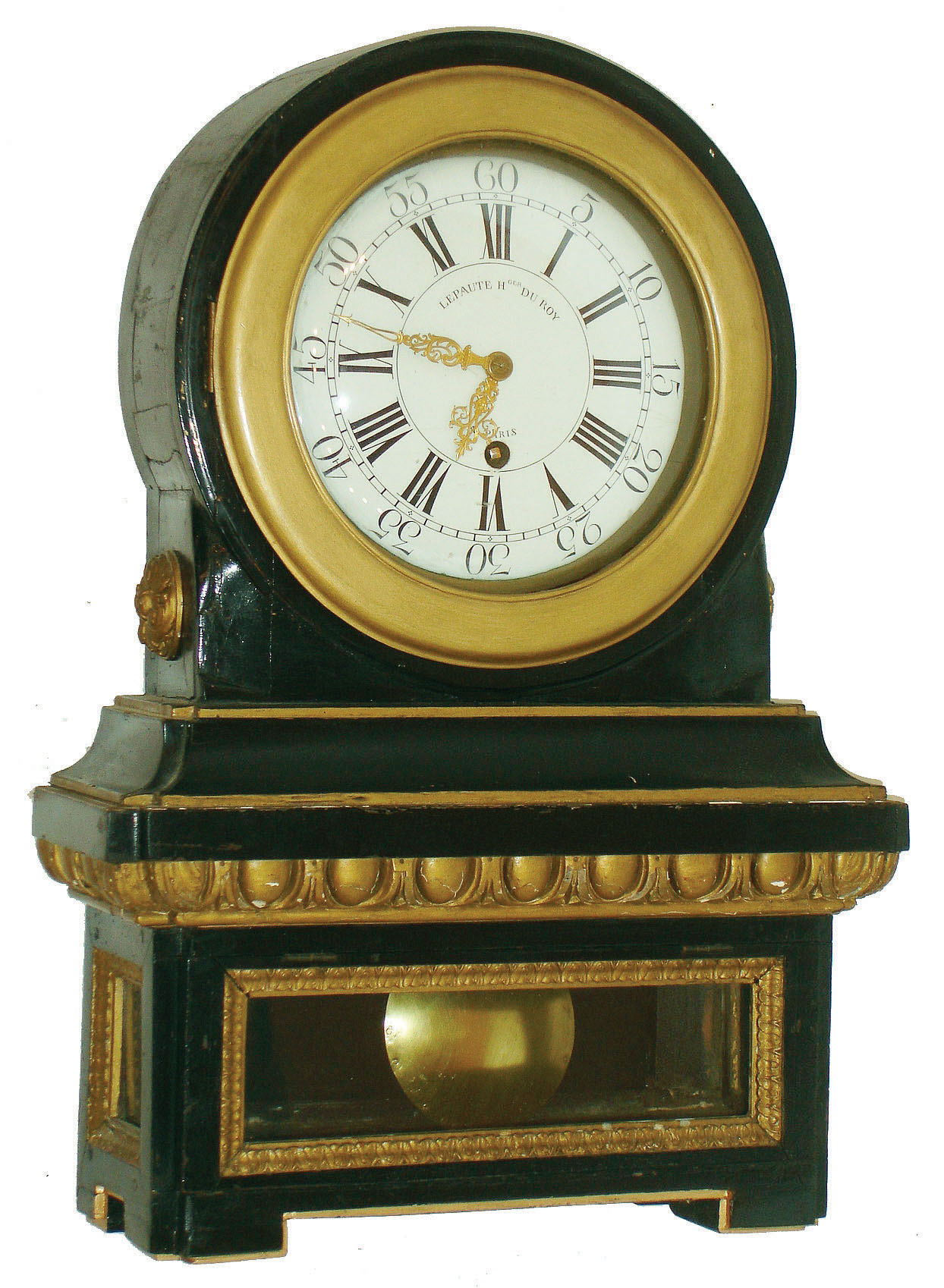 Lepaute, Paris, shelf or mantel clock, ebonized wooden case with carved egg and dart and acanthus moldings, the sides with carved rosettes, turned wooden bezel with convex glass, Roman numeral, convex white enamel dial with outer 5 minute markers, signed "LEPAUTE Hger DU ROY A PARIS", brass dial mounting plate with regulator and scale above 12:00, very nice gilt Louis XV style hands with engraved detail, rectangular timepiece movement with pinwheel escapement, going for one, possibly two weeks, heavy lead filled brass pendulum with steel rod, c1780 — Antique Clocks Price Guide