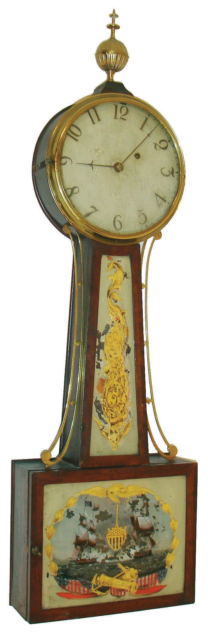 Aaron Willard Jr., Boston, Mass., (attributed), banjo wall clock, 8 days, time only, weight driven movement in a mahogany veneer and cross banded case with reverse painted throat and lower glass tablets and painted metal dial, c1820 — Antique Clocks Price Guide