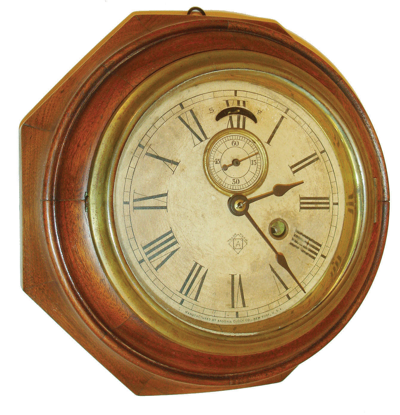 Ansonia Clock Co., Ansonia, Conn. & Brooklyn, NY,  "One Day Lever", 30 hour, spring brass lever movement octagon wall clock or timepiece.  C1885 — Antique Clocks Price Guide