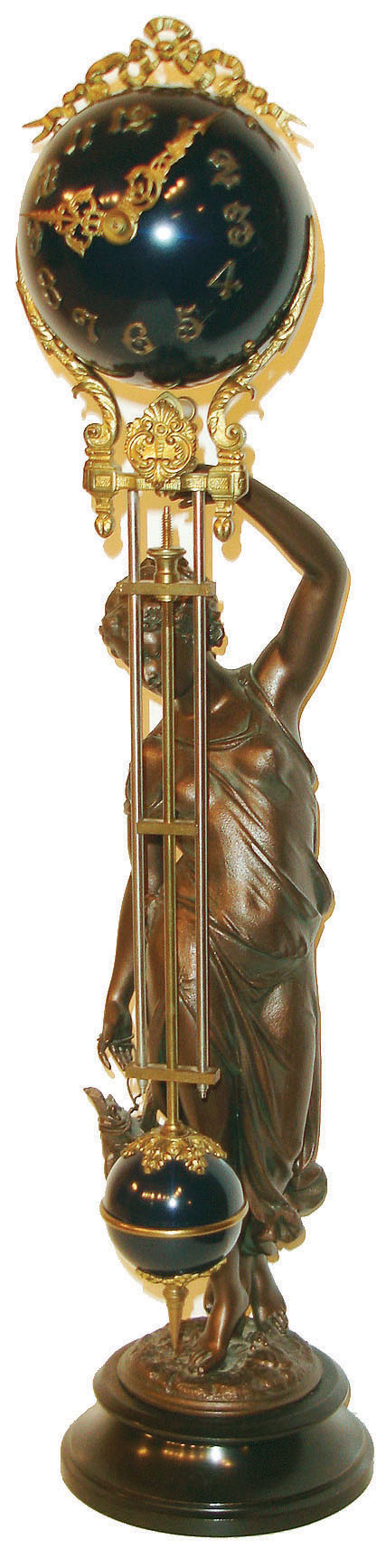 Ansonia Clock Co., Ansonia, Conn. "Huntress Ball Swing" with 8 day, time only, spring driven movement in blue finished ball case supported by bronze finished statue, c1901 — Antique Clocks Price Guide