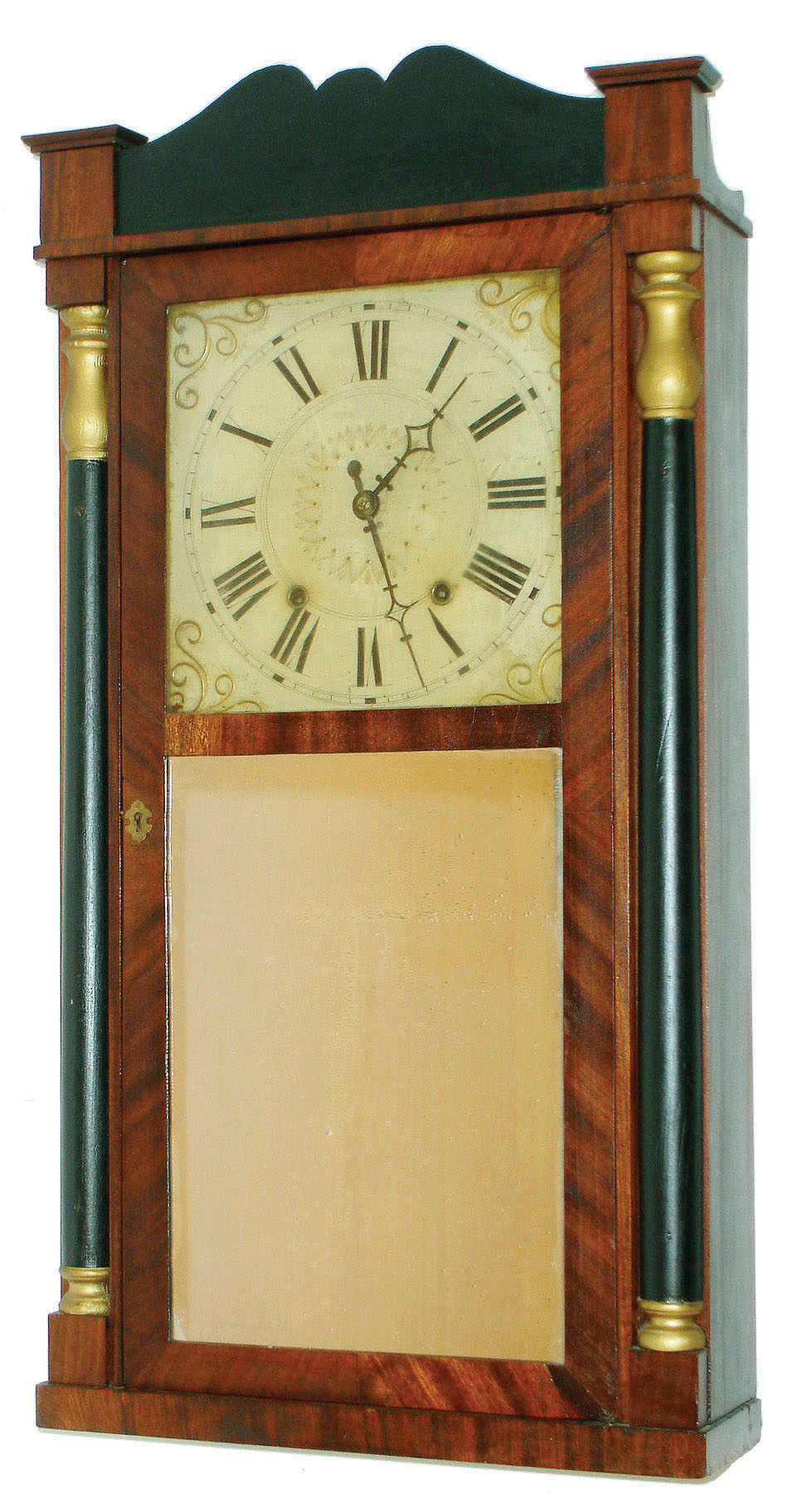 Atkins & Downs for Mathews & Wayne, Bristol, Conn., 30 hour time and strike wood movement half column & splat shelf clock.  c.1832 — Antique Clocks Price Guide