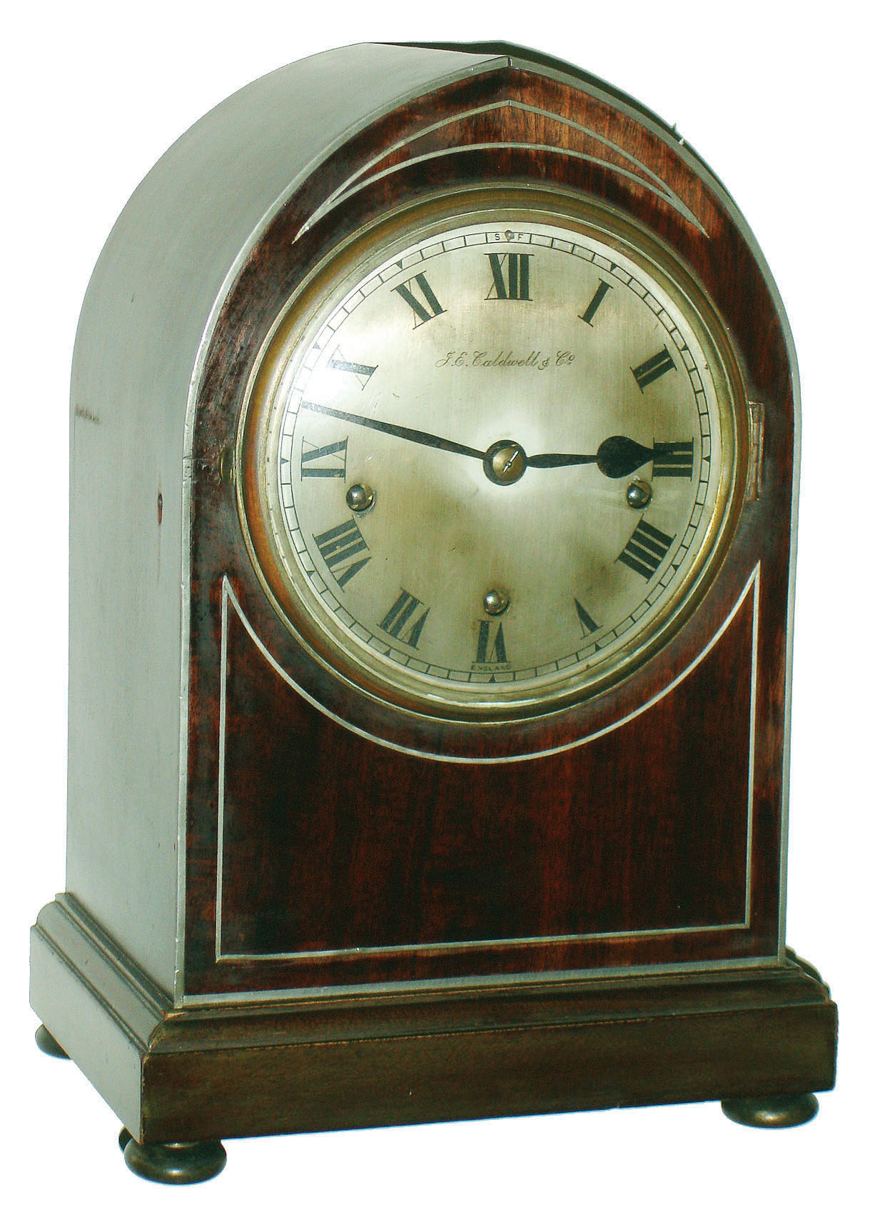 J.E. Caldwell & Co., English inlaid mahogany bracket clock with Winterhalder & Hofmeier German 8 day Westminster chime movement, c1900 — Antique Clocks Price Guide