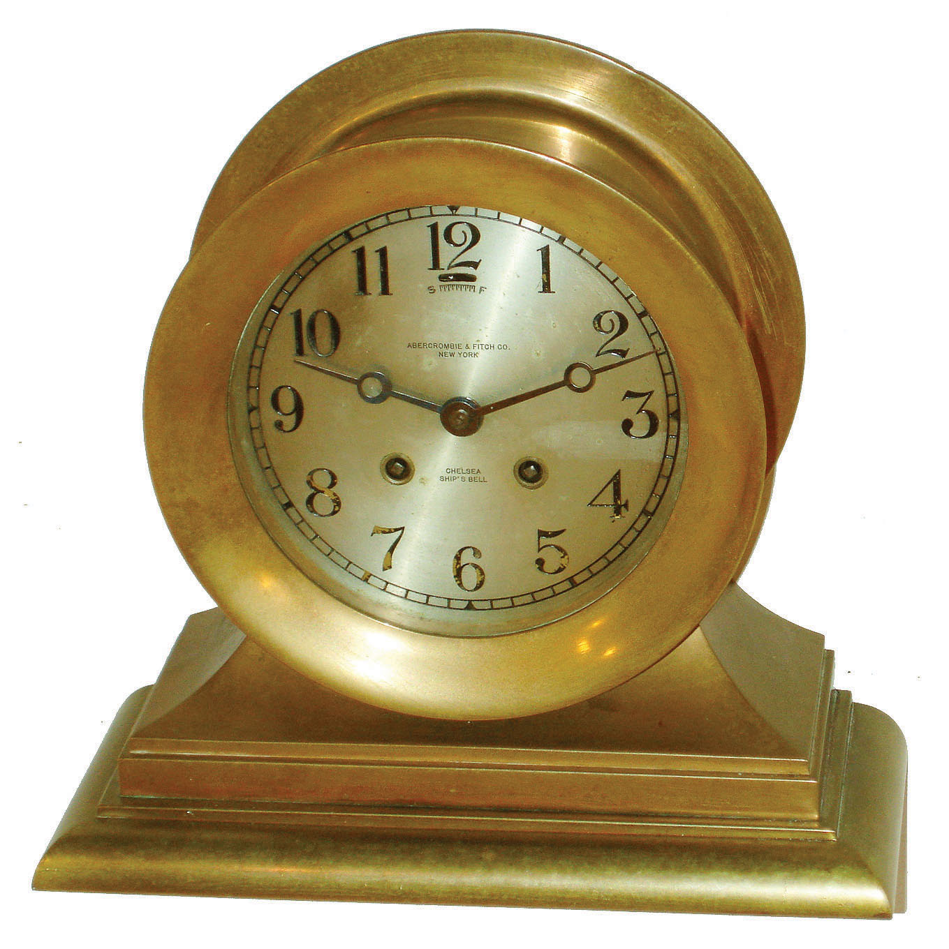 Chelsea Clock Co., Boston, Mass., "Admiral" dial brass 8 day ship's bell mantel clock, sold by Abercrombie & Fitch Co., New York, 1929 — Antique Clocks Price Guide