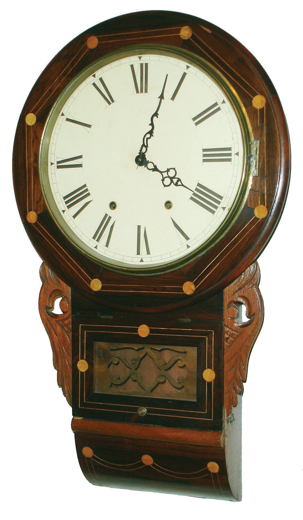 Anglo American inlaid and carved wood 8 day time and strike wall clock, Englsh case with Connecticut movement, c1890 — Antique Clocks Price Guide