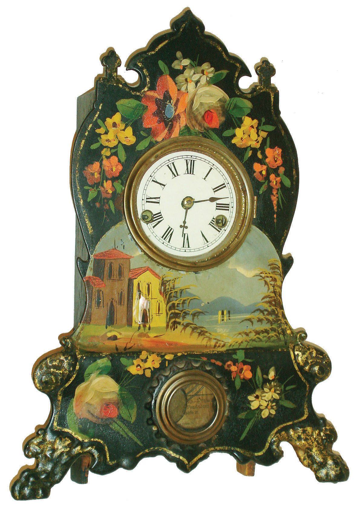 American Clock Co., New York, 30 hour, time and strike decorated iron front shelf clock, c1870 — Antique Clocks Price Guide