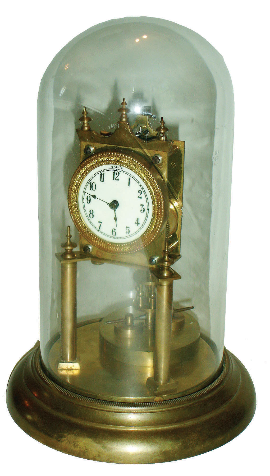 German, Jahresuhrenfabrik, 400 Day mantel clock with porcelain dial and glass dome, disc pendulum, dial signed Urania, c1908 — Antique Clocks Price Guide
