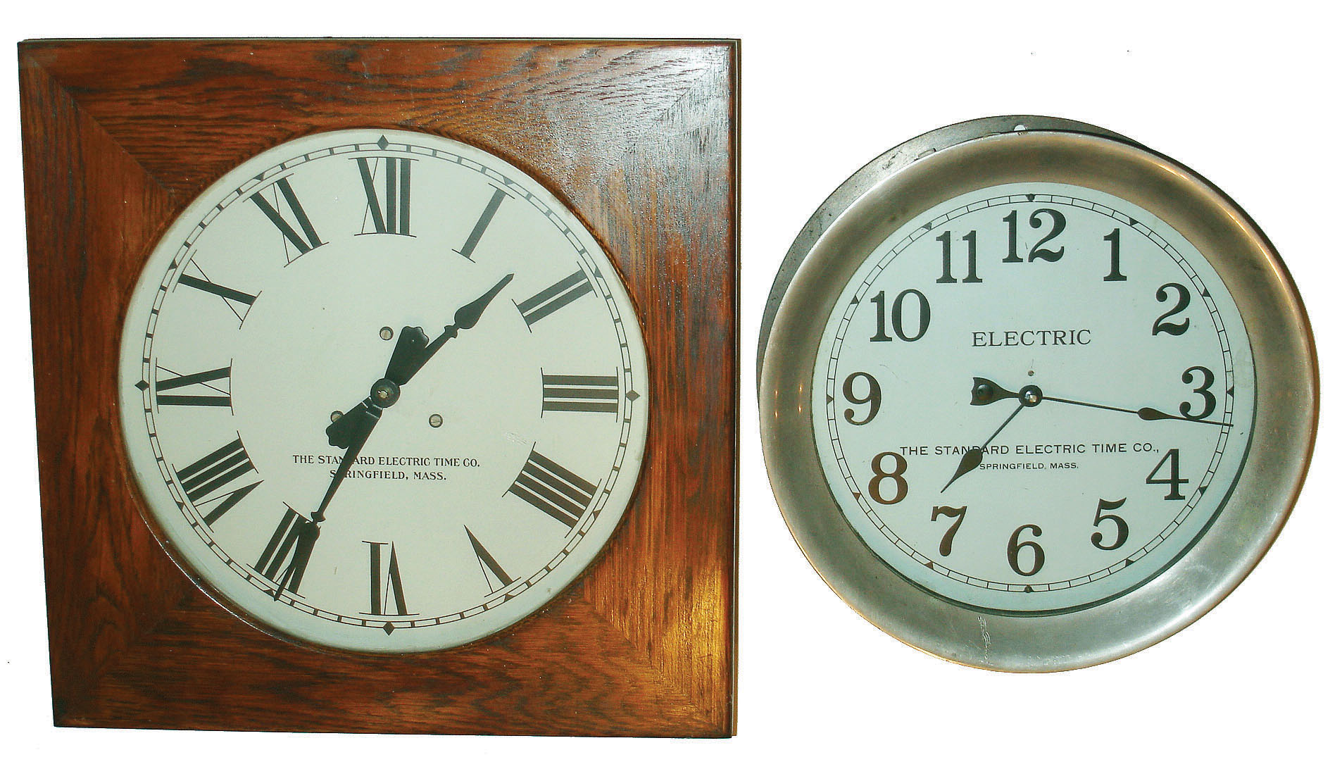 Clocks- 2 (Two) The Standard Electric Time Co., Springfield, Mass. hanging slave or subsidiary clocks: square oak; round nickel plate; c 1930 — Antique Clocks Price Guide