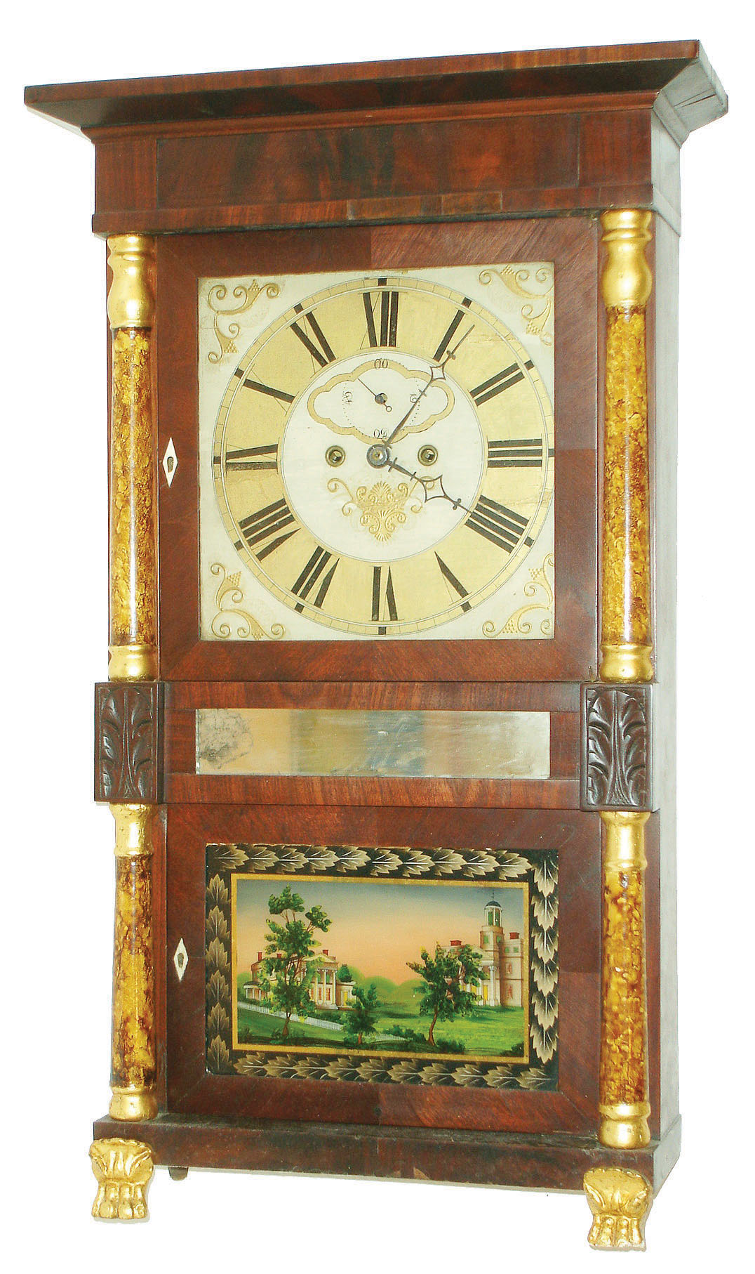 Spencer, Hotchkiss and Co., Salem Bridge, Conn., 8 day, time and strike weight brass movement double decker shelf clock, c1835 — Antique Clocks Price Guide