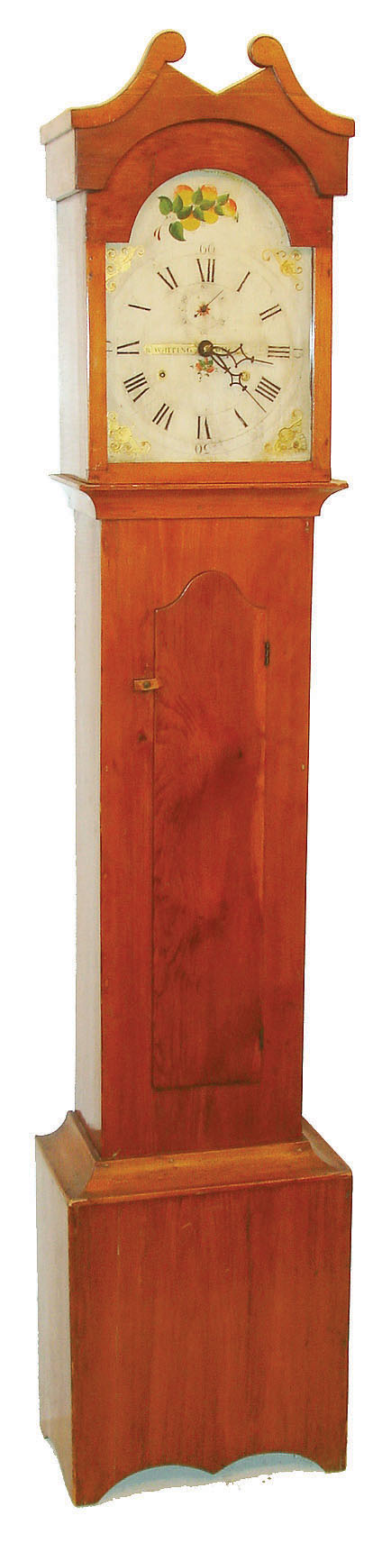Riley Whiting, Winchester, Conn., tall clock, 30 hours, time and bell strike, wooden works movement in a pine case with painted wooden dial, c1825 — Antique Clocks Price Guide