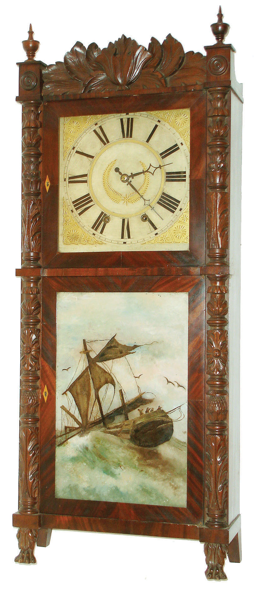 Atkins & Downs for G. Mitchell and R. Atkins, Bristol, Conn., 8 day, time and strike wood movement carved column and crest shelf clock, c1832 — Antique Clocks Price Guide