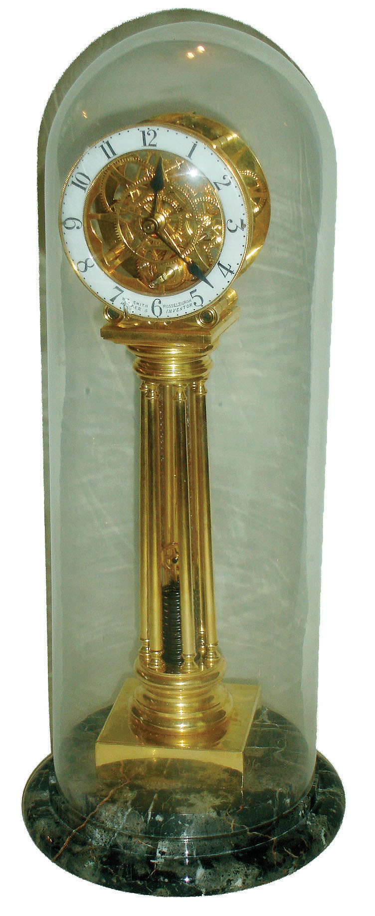 Asian reproduction skeleton clock, dial signed "Wm. Smith, Musselburgh", lacquered brass and marble, with glass dome, powered by fusee and stretched helical spring, modern — Antique Clocks Price Guide
