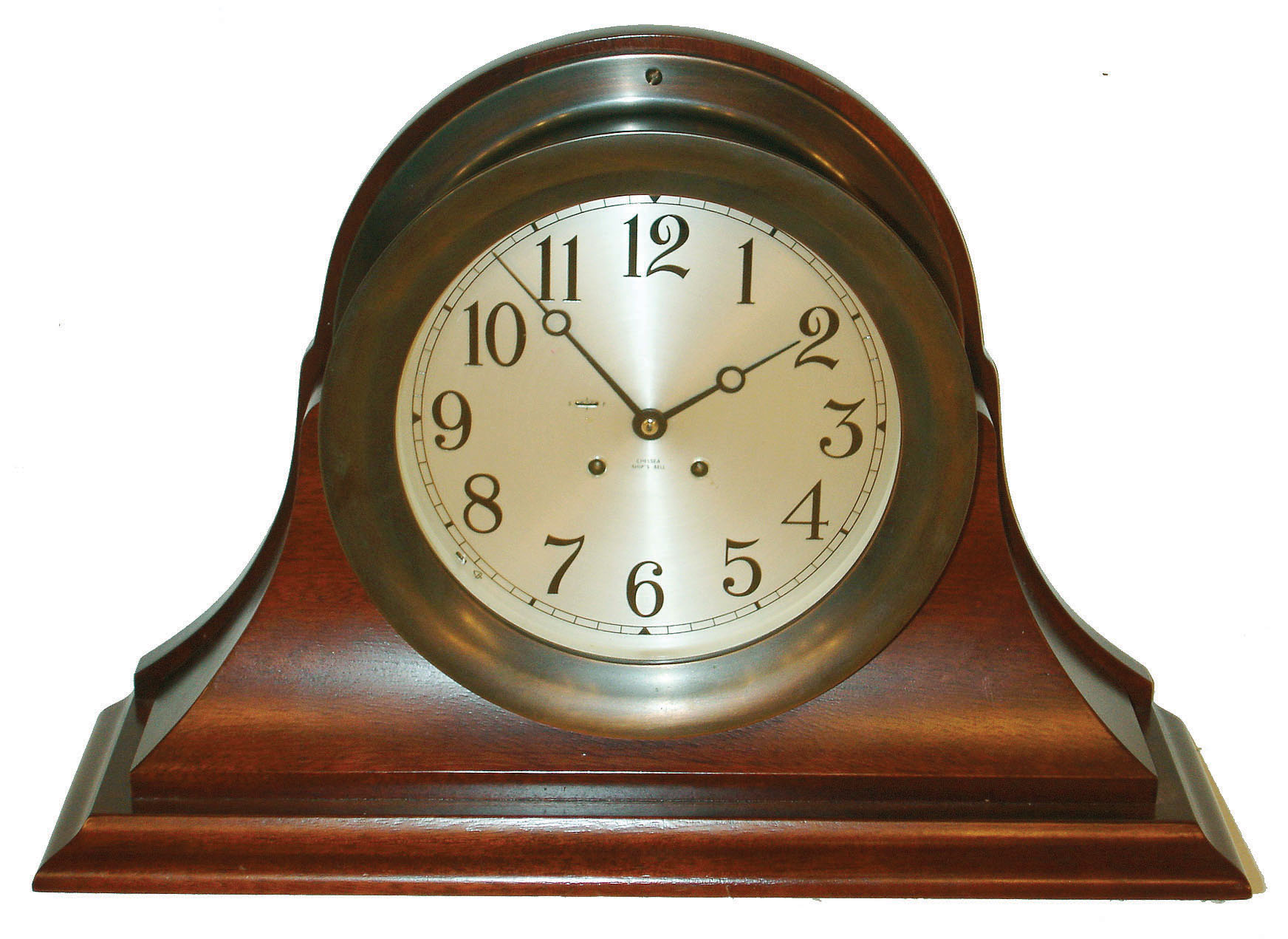 Chelsea Clock Co., Boston, 8.5" dial bronze 8 day ship's bell marine clock on mahogany stand, late 20th century — Antique Clocks Price Guide