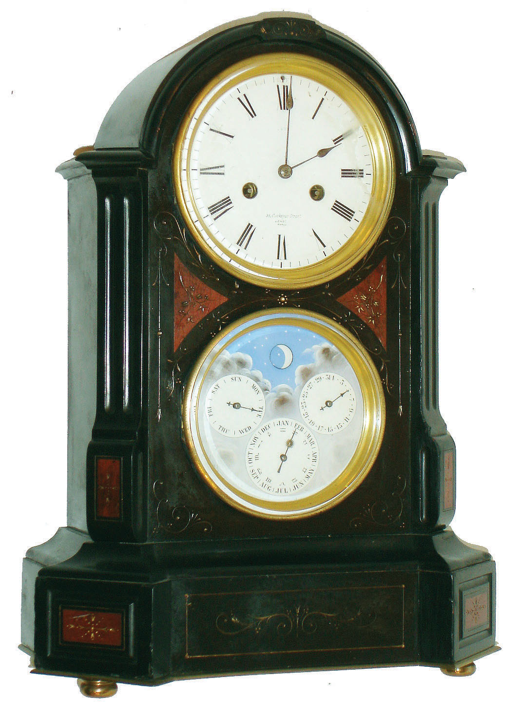 France, for Dent, 33 Cockspur St., London, 8 day perpetual calendar, time and strike pendule a Paris movement, counting the hours on a bell and with a single blow at the half hour, signed Roman numeral, white enamel dial above the lower white enamel calendar dial decorated with clouds and starry sky, with indications for day, date, month, and phases of the moon, blued steel hands, gilt bezels with beveled glass, all contained in a polished black slate case with inset red marble panels, engraved decoration with gilding, the base trimmed with brass and on turned feet, c1870 — Antique Clocks Price Guide
