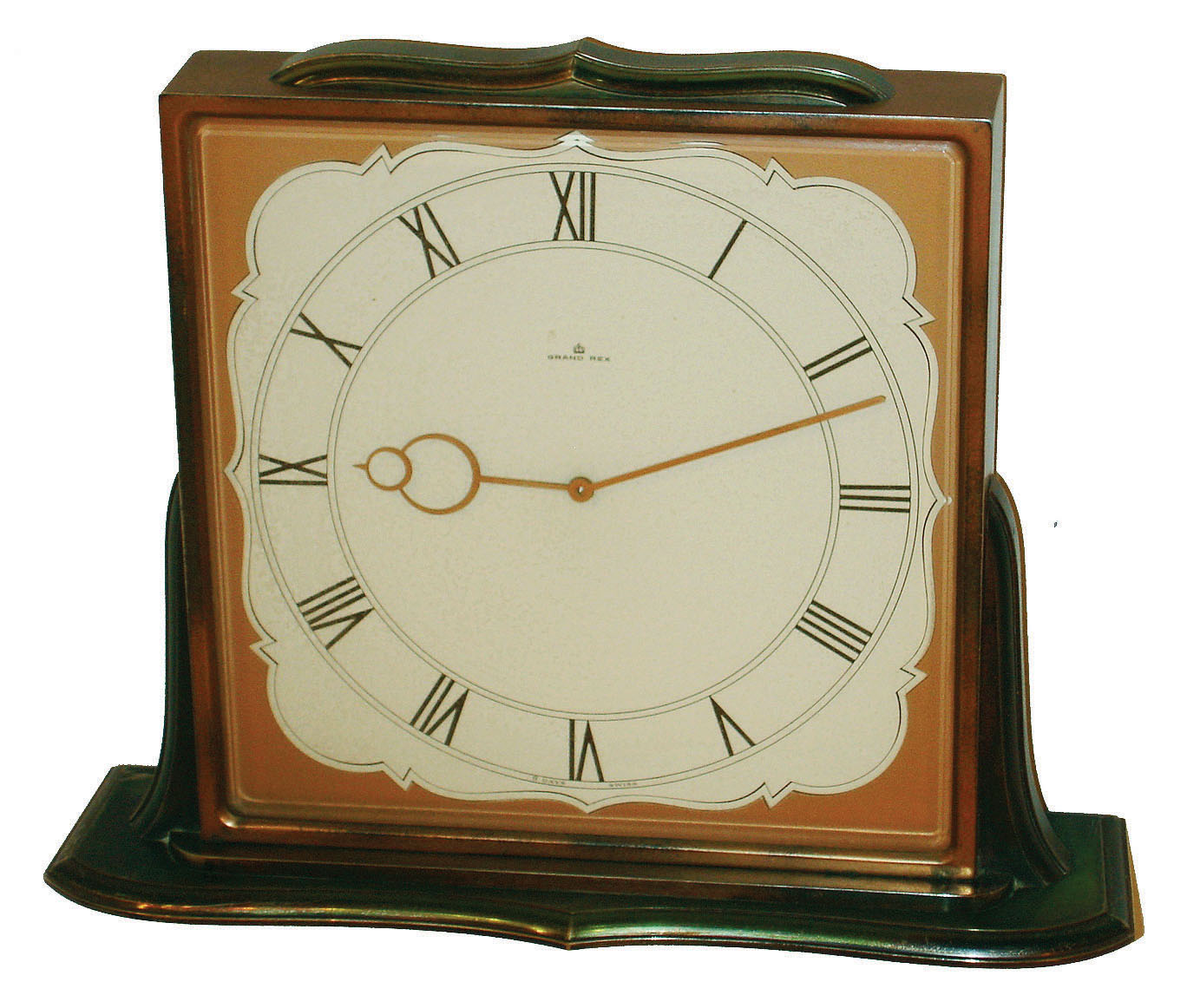 Grand Rex, Swiss, patinated copper and green finish on heavy metal 8 day 15 jewel large desk clock, c1950 — Antique Clocks Price Guide