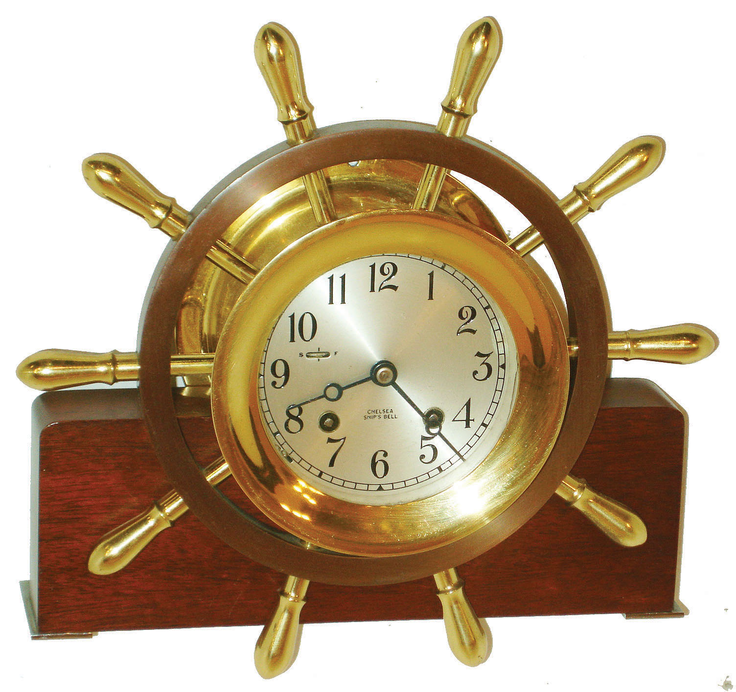 Chelsea Clock Co., Boston, 4.5" dial brass and bronze 8 day ship's bell clock, with hardwood cradle, c1960 — Antique Clocks Price Guide