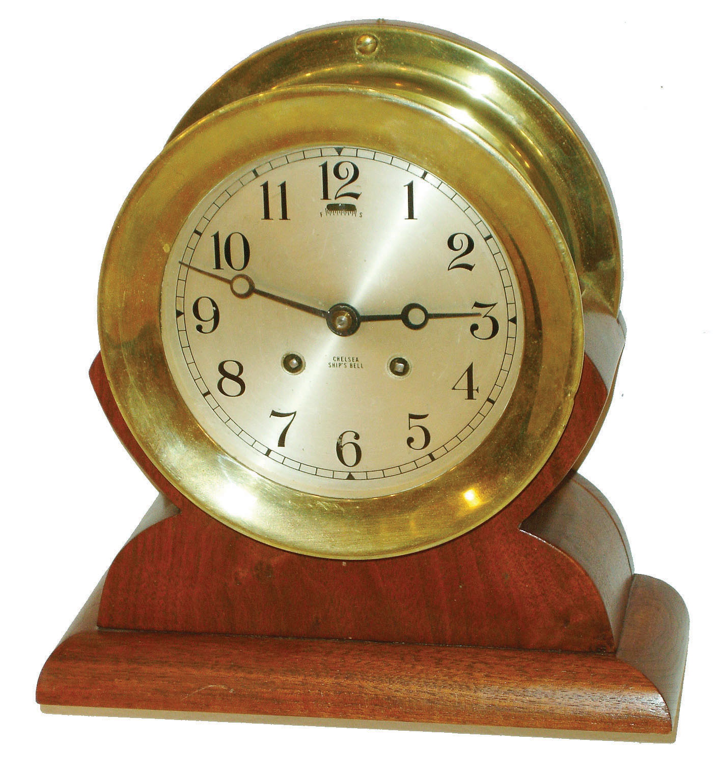 Chelsea Clock Co., Boston, 6" dial brass 8 day ship's bells clock on bench-made hardwood stand, c1947 — Antique Clocks Price Guide