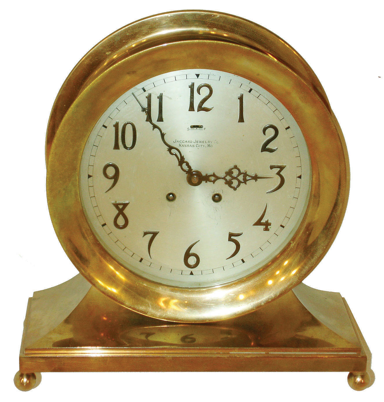 Chelsea Clock Co., Boston, 8.5" special dial "Commodore" or "Base and Ball" cast brass 8 day ship's bell mantel clock, sold by Jaccard Jewelry, Co., Kansas City, MO, 1913 — Antique Clocks Price Guide