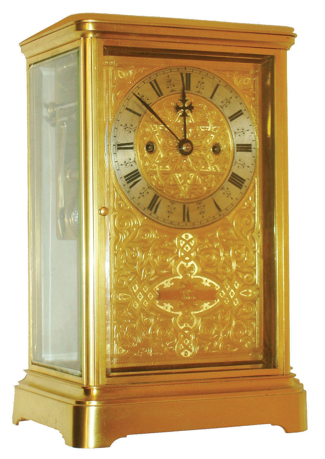 England, oversized crystal regulator, the gilt brass case with beveled glass panels, gilt dial mask with Moorish style engraving and applied, monogrammed plaque, with inset, silvered Roman numeral dial and black painted steel hands, large 8 day fusee movement with ting tang striking at the quarters on 2 gongs, the gong stand mounted to a mahogany board contained inside the base, c1900 — Antique Clocks Price Guide