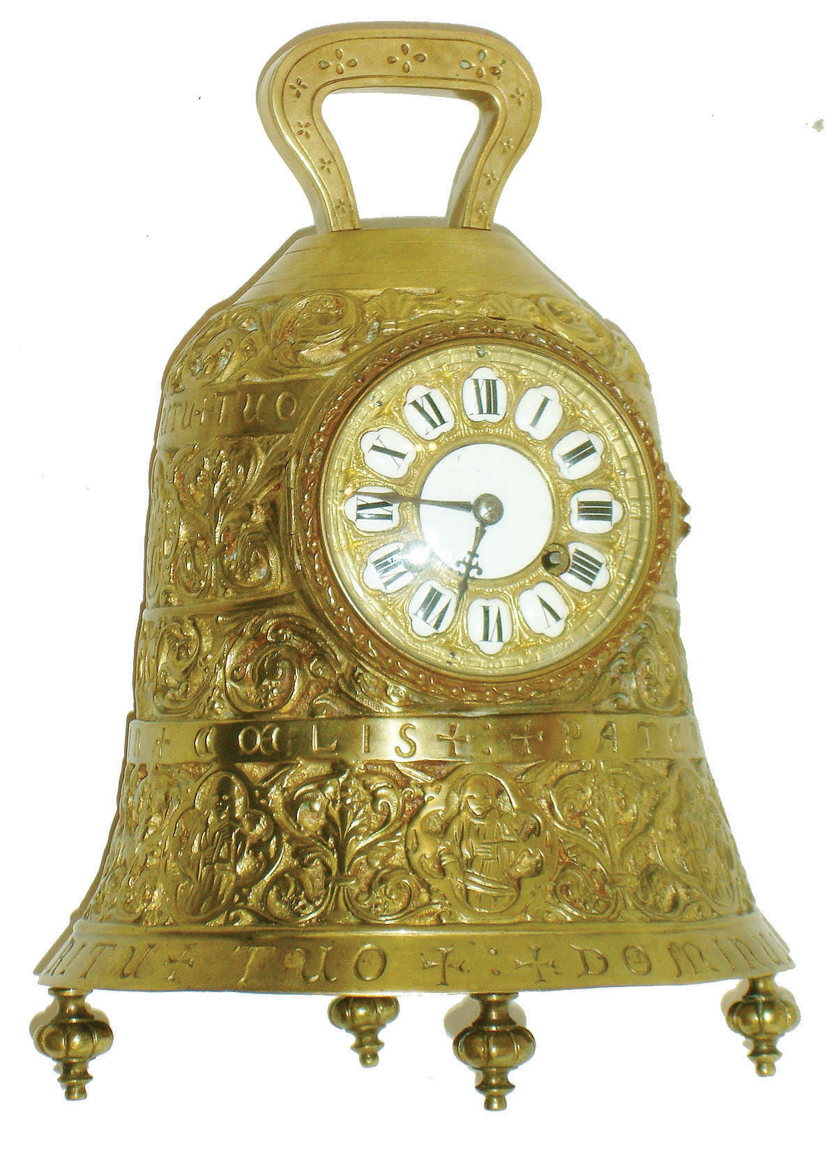 France, brass bell form table clock, the casting with foliate designs and human figures playing various musical instruments, and Latin phrases with religious significance, top with handle, and base with gadrooned feet, cast bezel with pendant husks and convex beveled glass, brass dial with applied white enamel cartouches with Roman numerals, blued steel hands, 8 day time and strike pendule a Paris movement, striking on a gong, c1890 — Antique Clocks Price Guide