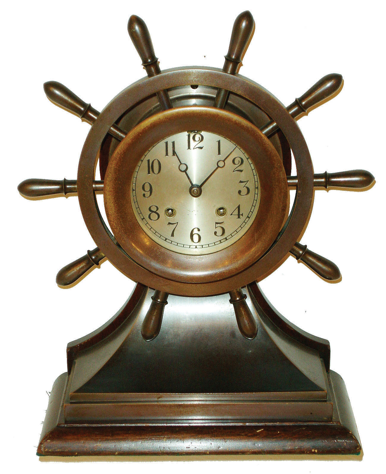 Chelsea Clock Co., Boston, Mass., "Mariner" 4.5" dial "Yacht Wheel" bronze and mahogany stand 8 day ship's bells marine clock, 1929 — Antique Clocks Price Guide