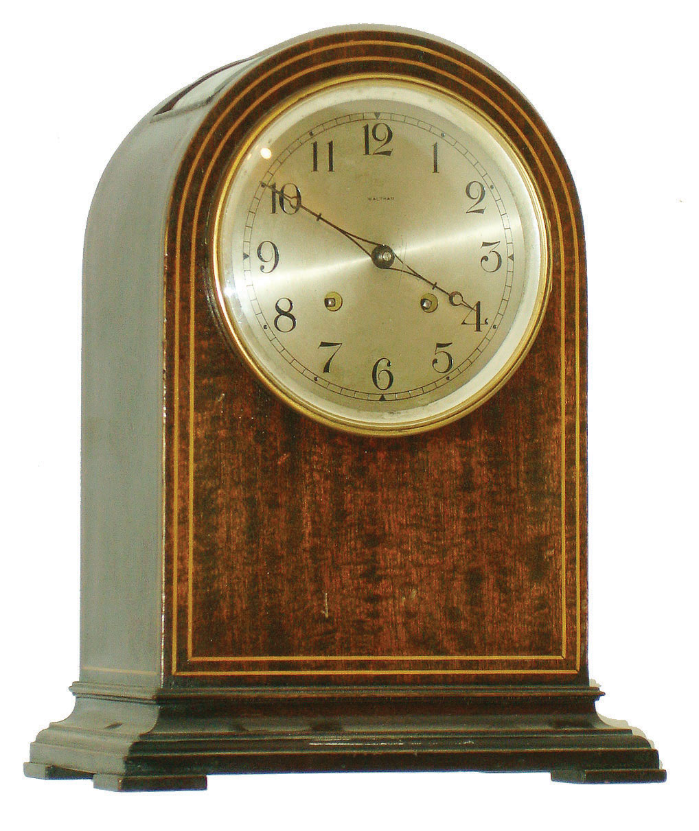 Waltham Clock Co., Waltham, Mass., 8 day, time and strike visible escapement inlayed mahogany mantel clock, c1920 — Antique Clocks Price Guide