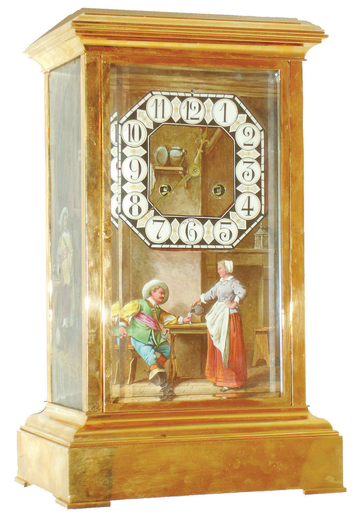 France, large crystal regulator with porcelain panels, gilt case with ogee molded base and top, the front and back with beveled glasses, the rear glass frosted, Arabic numeral dial painted on porcelain panel with genre scene below, showing an interior with a woman pouring wine for a colorfully dressed, seated man, marked "Theo. B. Starr New York" at 6:00, polished brass hands, the panels on the left and right side similarly decorated, and featuring colorfully dressed men enjoying wine, the right panel signed at lower right "DEVALER", 8 day time and strike pendule a Paris movement, striking on a gong, movement numbered 12979, the backs of the porcelain panels bearing that number as well, c1890 — Antique Clocks Price Guide