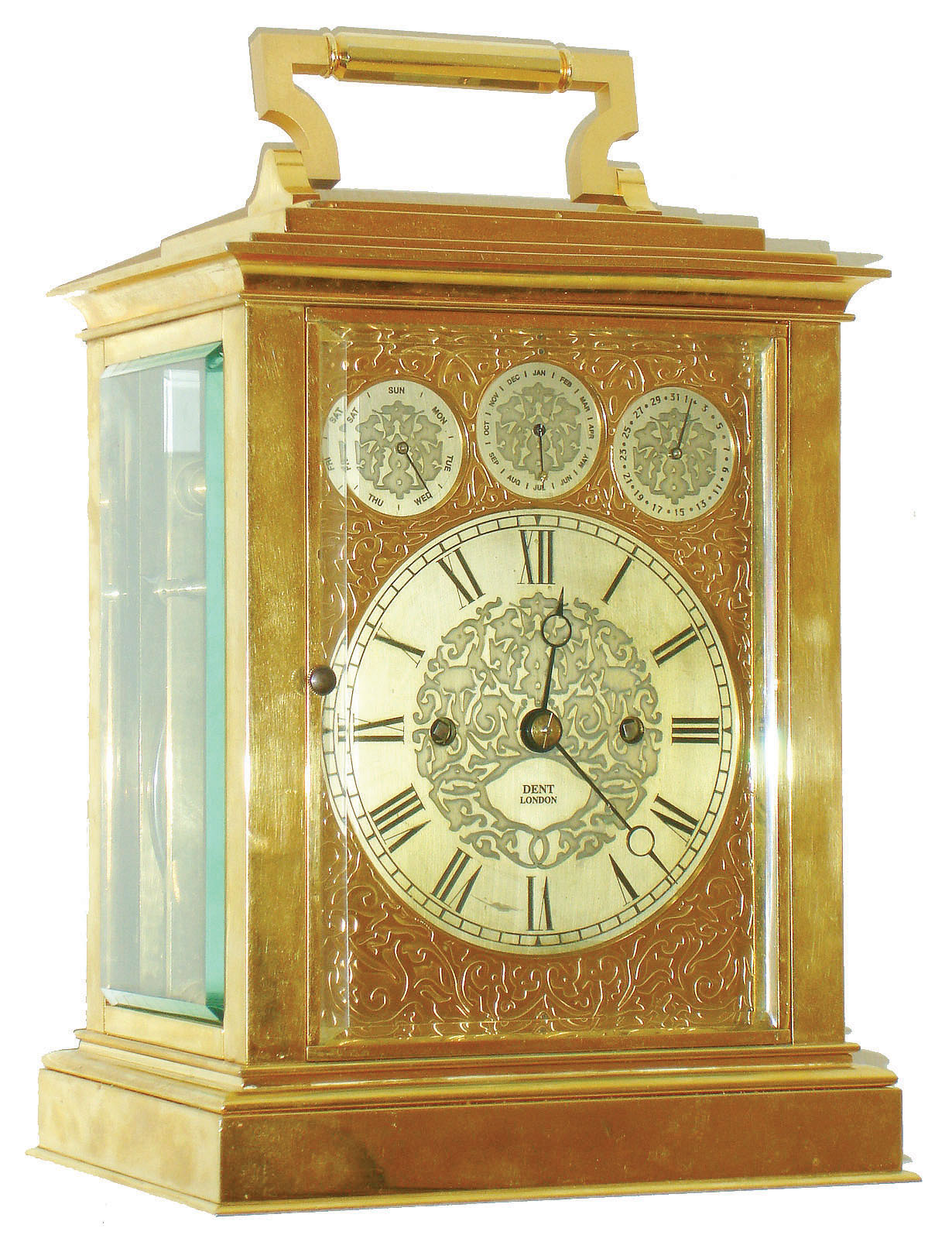 H. Pleister, 277 Regent St., London, giant carriage clock with perpetual calendar, large 8 day, two train fusee movement, gilt platform with spring detent escapement and free sprung cut bimetallic chronometer balance with blued helical spring, counting the hours on a large gong and with a single blow at the half hour, the back plate with small aperture for viewing seconds disk attached to contrate wheel arbor, silvered dial with gilt mask signed "Dent London", the day of the week, month, and date displayed on 3 small dials arranged above the time dial, blued steel Breguet style hands, narrow blued steel hands for the calendar functions, all contained in a polished, gilt brass case with carrying handle, with thick, beveled glass panels, Ht. 14 1/4" to top of handle, c1870 — Antique Clocks Price Guide