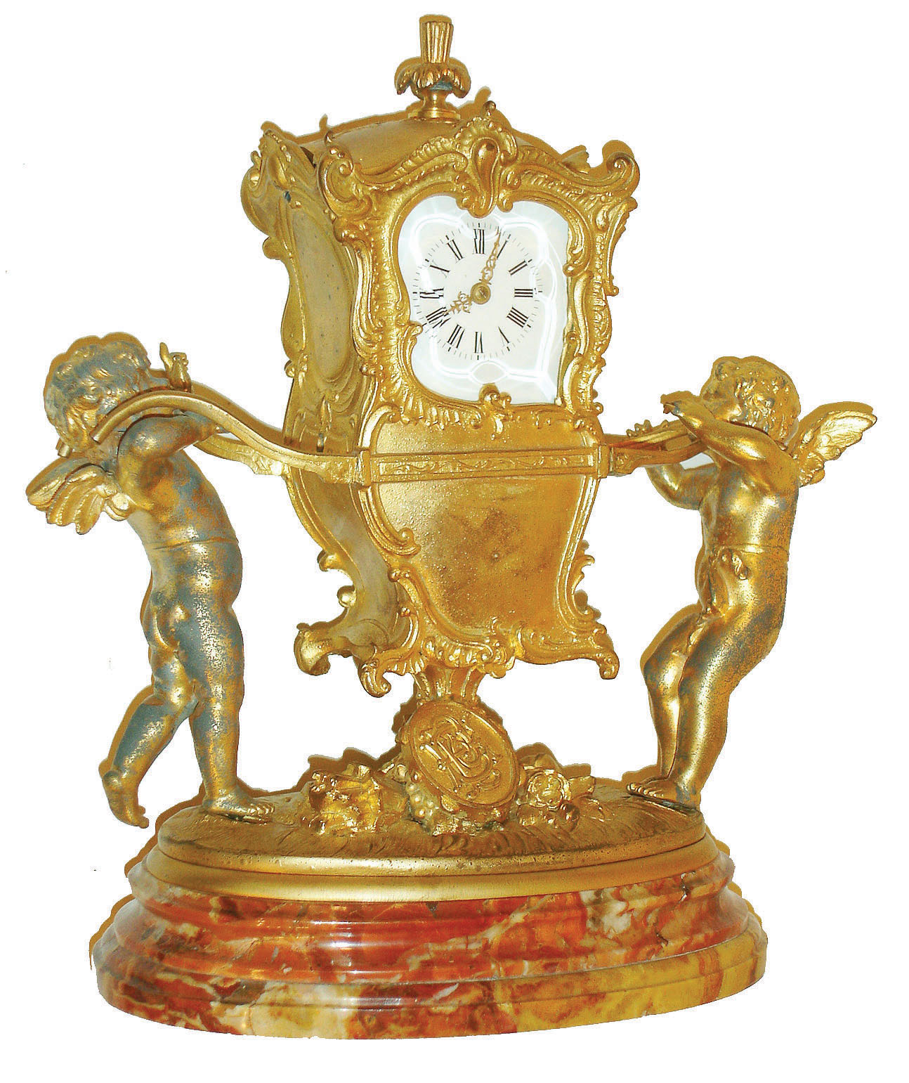 France, very decorative spelter desk clock featuring two winged putti carrying an ornate sedan chair with beveled glasses, the conveyance with rococo ornament and top with finial, above a floral and musical theme trophy with monogrammed tambourine, the casting signed Aug. Moreau, all on an oblong, molded multi color marble base, Roman numeral white enamel dial, gilt Louis XV hands, 8 day time and strike carriage clock movement with lever platform and striking on a bell, c1900 — Antique Clocks Price Guide