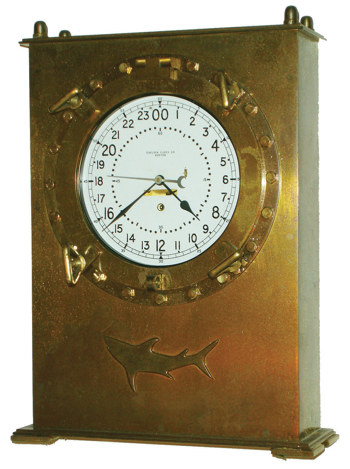 Chelsea Clock Co., Boston, 8" dial 8 day time only marine clock custom-mounted in brass porthole stand, c1965 — Antique Clocks Price Guide