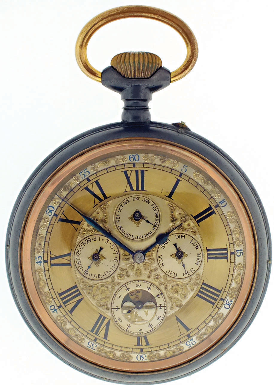 Switzerland, oversized pocket watch form desk clock, with triple calendar and phases of the moon, 15 jewels, stem wind and pin set, damascened nickel bar movement, with lever escapement and uncut bimetallic balance, in a gun metal, hinged back and bezel open face case, with Roman numeral, outer blue 5-minute markers, quadruple sunk metal dial with repousse ornament, and blued steel spade and poker hands, 95mm, c1900 — Antique Clocks Price Guide