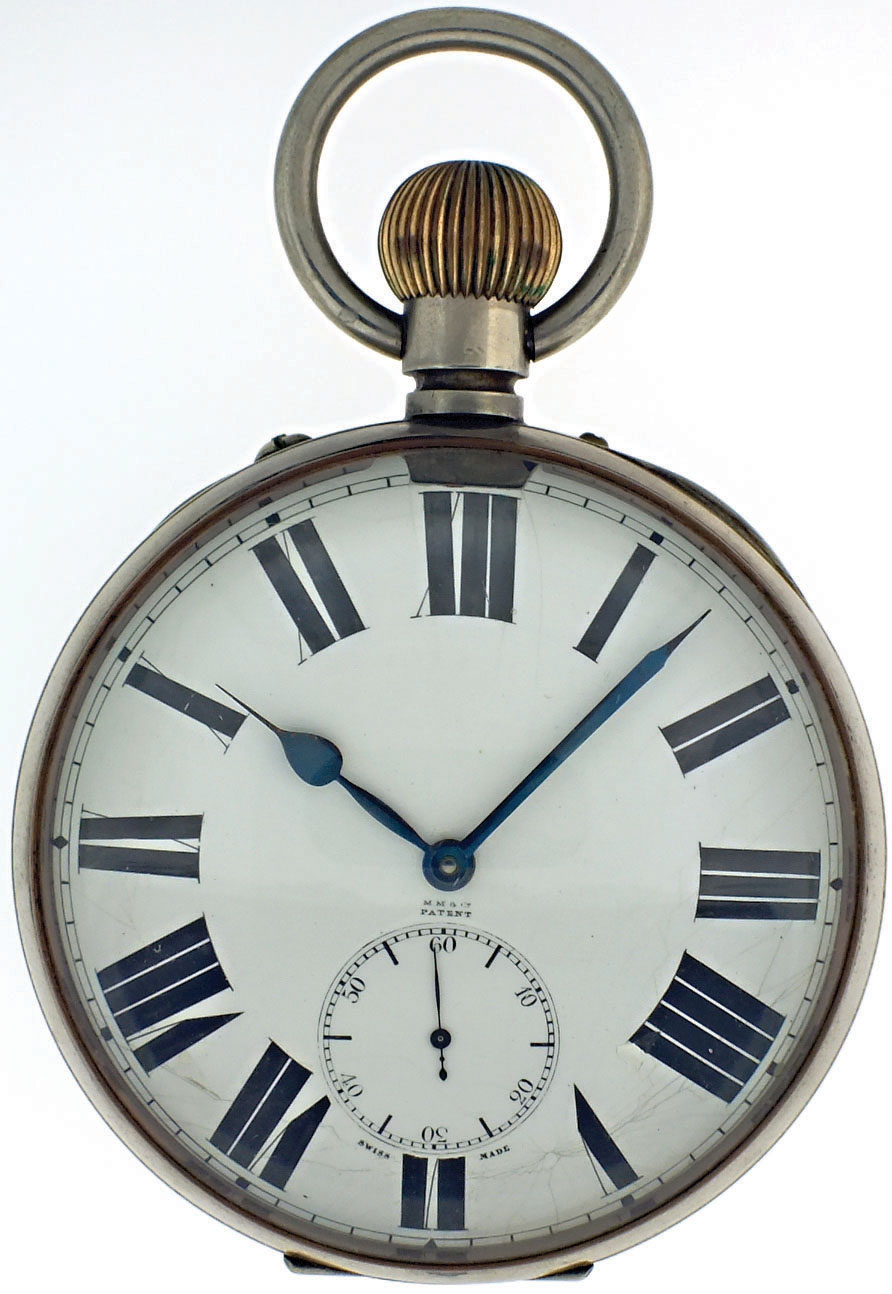 Switzerland, oversized pocket watch form desk clock, 8 day15 jewels, stem wind and pin set, gilt plate movement, with lever escapement, cut bimetallic balance, double roller and gold timing screws, in a nickel, hinged back and bezel open face case with thick convex glass magnifying crystal, with Roman numeral, single sunk white enamel dial, blued steel spade and poker hands, 103mm, c1910 — Antique Clocks Price Guide