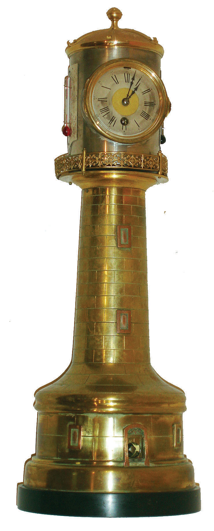 French Industrial Series lighthouse mantel clock, 8 days, time only, revolving turret, barometer and thermometer, c1880 — Antique Clocks Price Guide