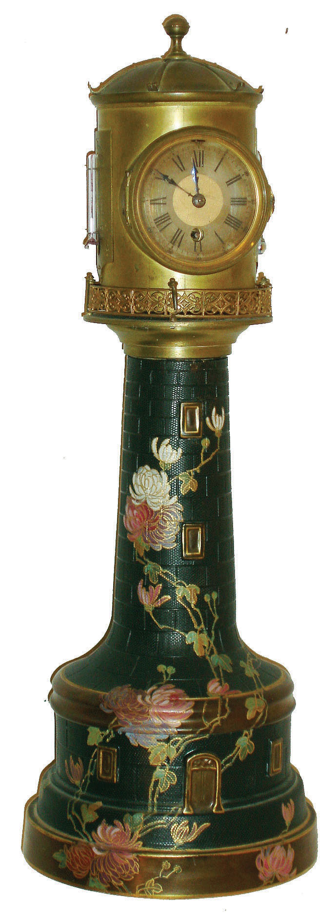 Burslem, England, Doulton lighthouse form clock case with French movement, the black Chine case with luster bands and chrysanthemum decoration, ogee molded brass cap with pierced brass railing, lighthouse top with ribbed dome and finial, mounted with barometer, thermometers, and 8 day timepiece movement with cylinder escapement, Roman numeral silvered dial with blued steel distaff style hands, barometer with blued steel hand and gilt set hand, base marked "Doulton Burslem" in green below a crown, impressed "Doultons" and "Doulton & Slaters patent", stamped "U.S. Patent 314002", and with overglaze initials in script "WBJ", c1890 — Antique Clocks Price Guide